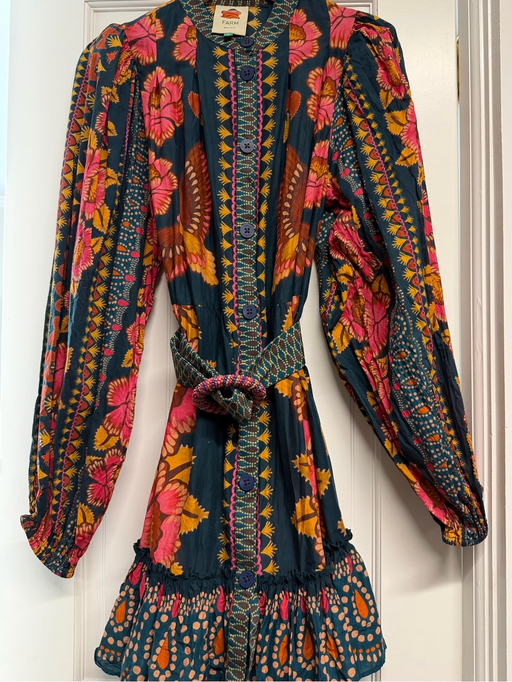 FARM RIO - Boho Floral Belted Mini Dress - Navy, Pink & Orange - Picture 3 of 4